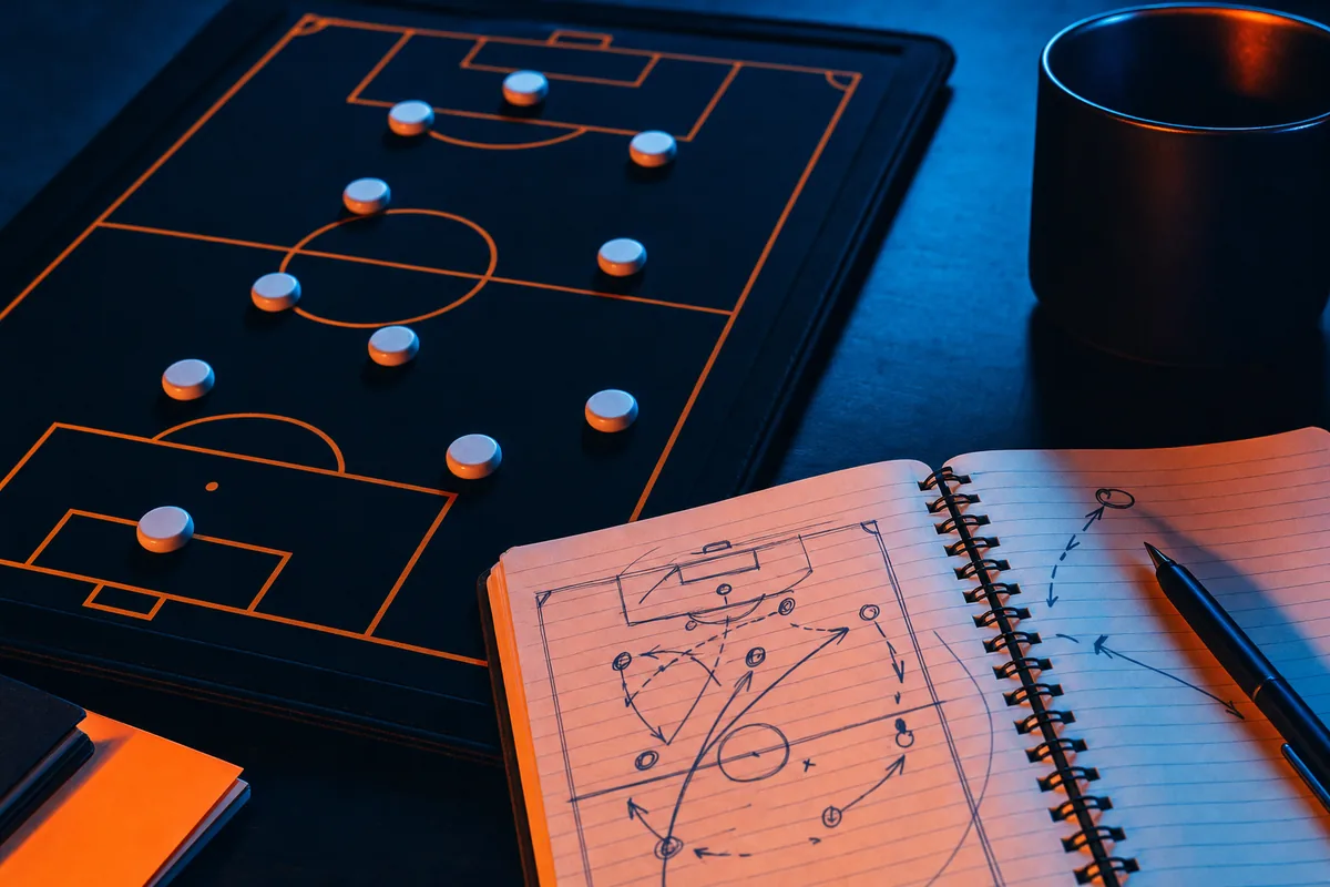 Taktiktafel mit Formationsmagneten und Notizbuch – Sportwetten Ratgeber
