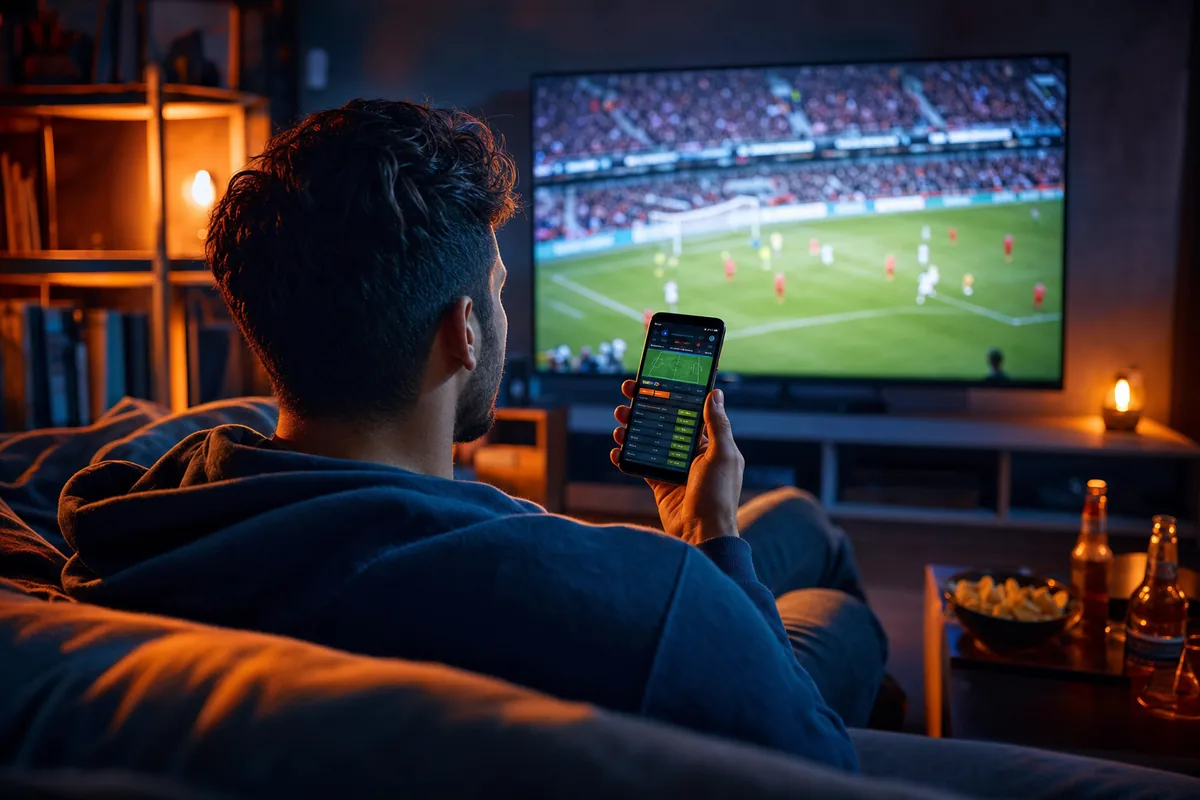 Person verfolgt ein Fußballspiel und hält ein Smartphone mit Sportwetten-App