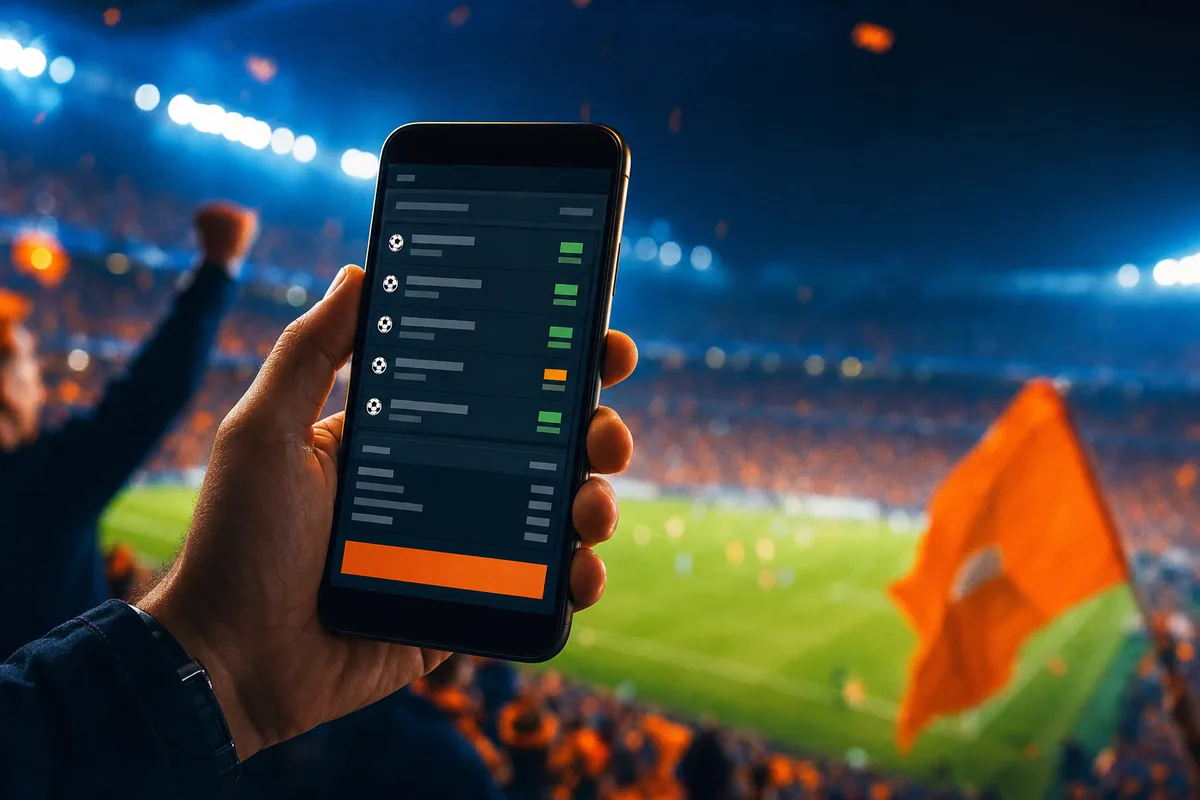 Smartphone mit einem Fußball-Wettschein vor einer Stadionkulisse